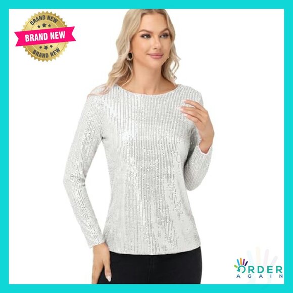 Long Sleeve Sequin Blouse Elegant Party Top Lined Sparkly Evening Wear - Picture 4 of 8
